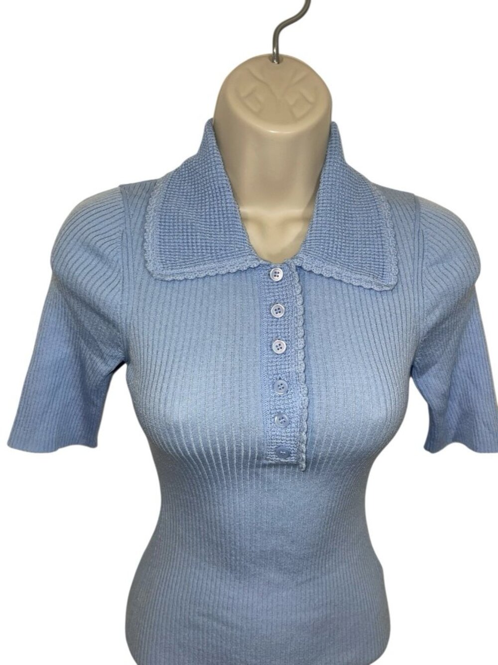 & OTHER STORIES Women's Size XS Light Blue Scalloped Rib-Knit Top Retail $99.00 - Picture 3 of 11